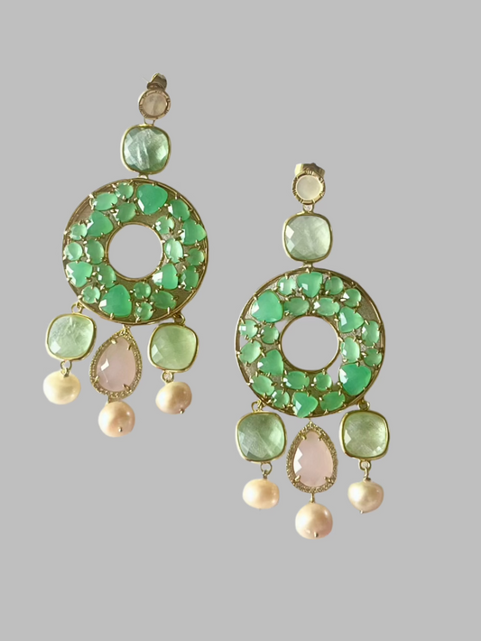 Bombay Vibes by Jewel TreaTzz. Long dangler party earrings. Pink Tourmaline, Aqua Green Topaz & Pearls handmade, gold plated brass earrings. Lovely wedding earrings, Gift for her