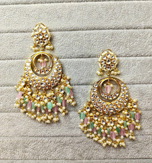 Pachi Kundan Earrings with Rose & mint green hanging beads. Gold Plated long Chaandbali earrings