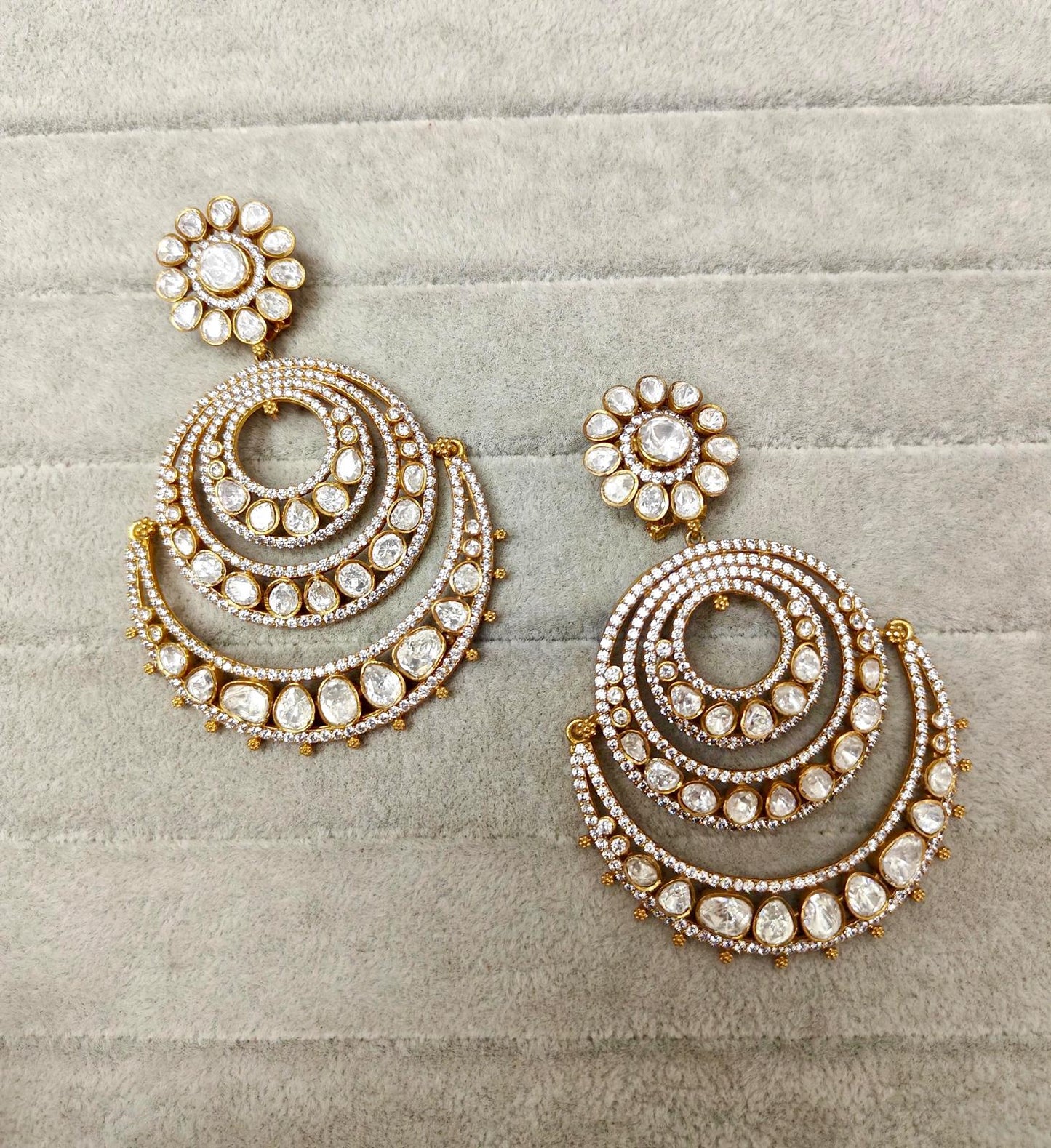 Mosanite polki and cubic zirconia big Chaandbali earrings in mehendi polish