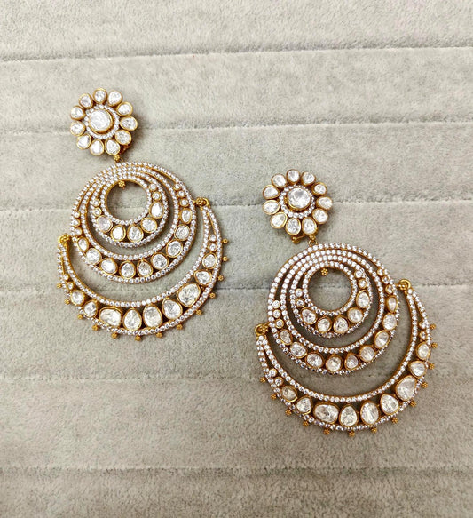 Mosanite polki and cubic zirconia big Chaandbali earrings in mehendi polish