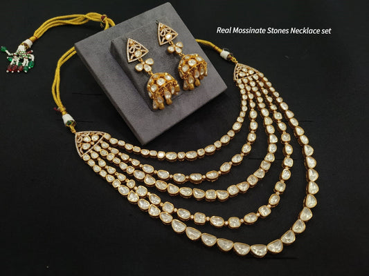 Real Mosanite stone layered necklace with jhumka earrings gold plated handmade wedding neclace set